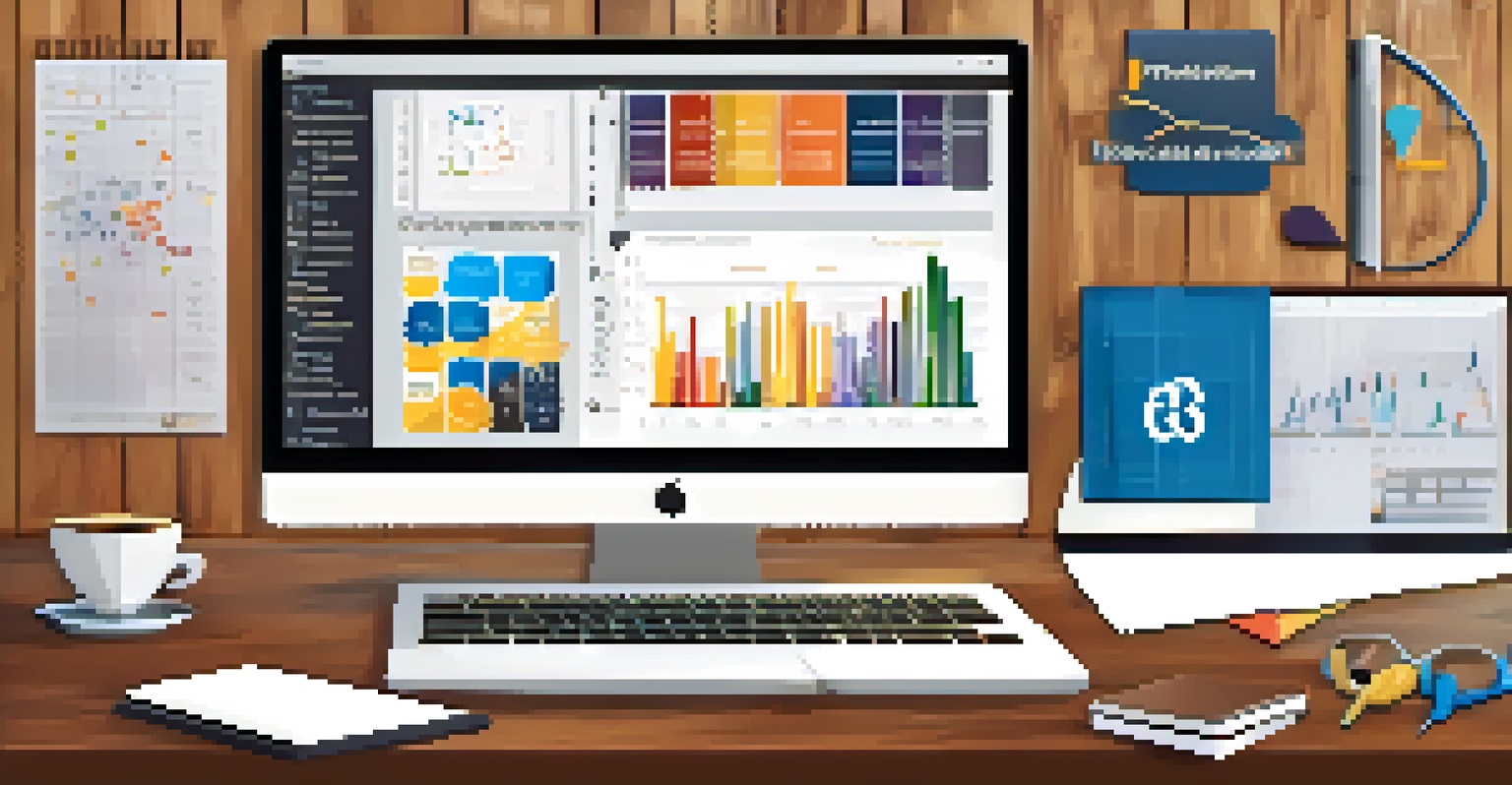 A wooden desk featuring icons of data science tools like Python, R, Tableau, Power BI, SQL, and Excel, with a coffee cup and a notebook.