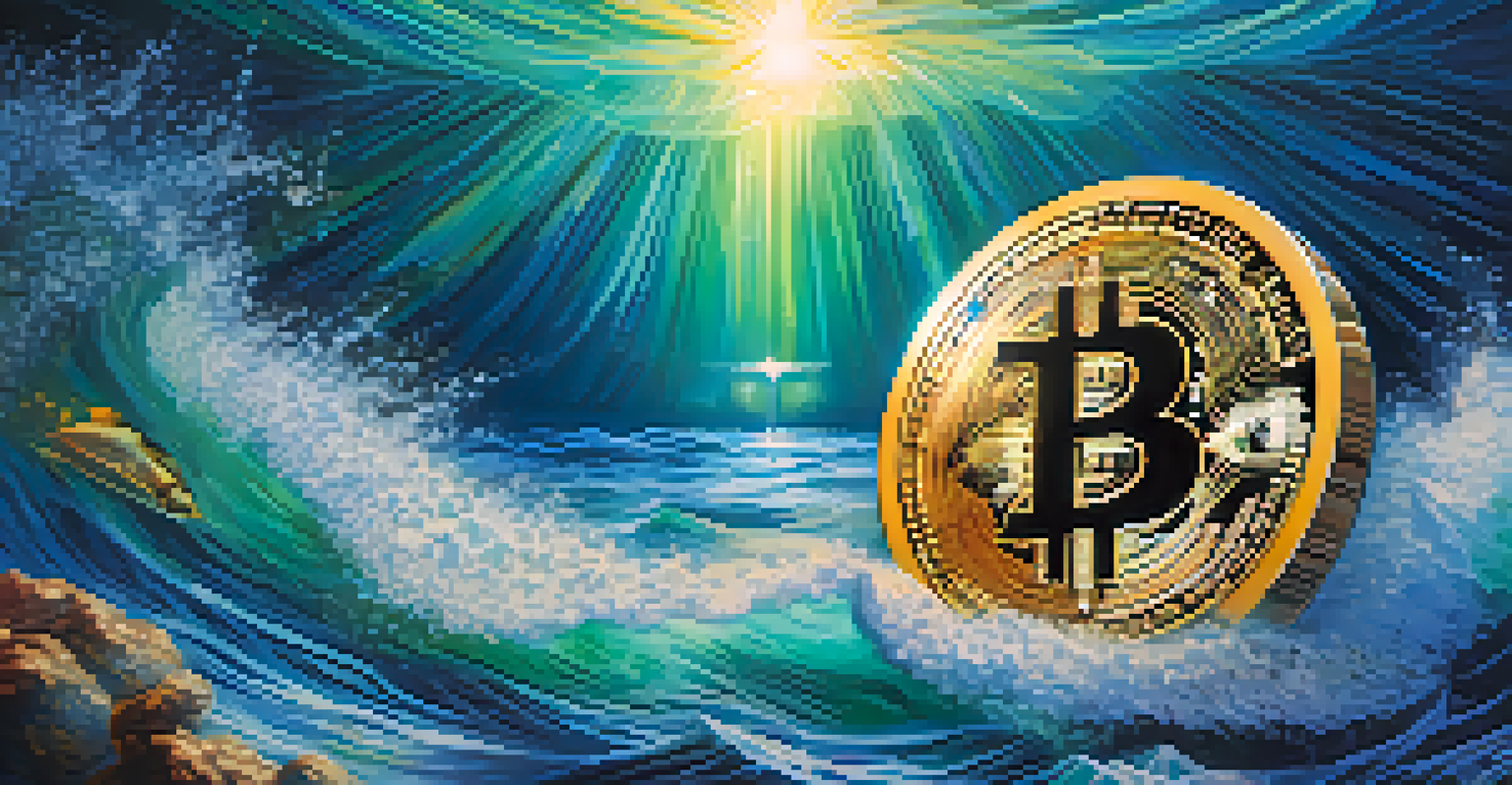 An abstract image of a glowing coin representing stablecoins in the center of turbulent waves made of fluctuating price charts.