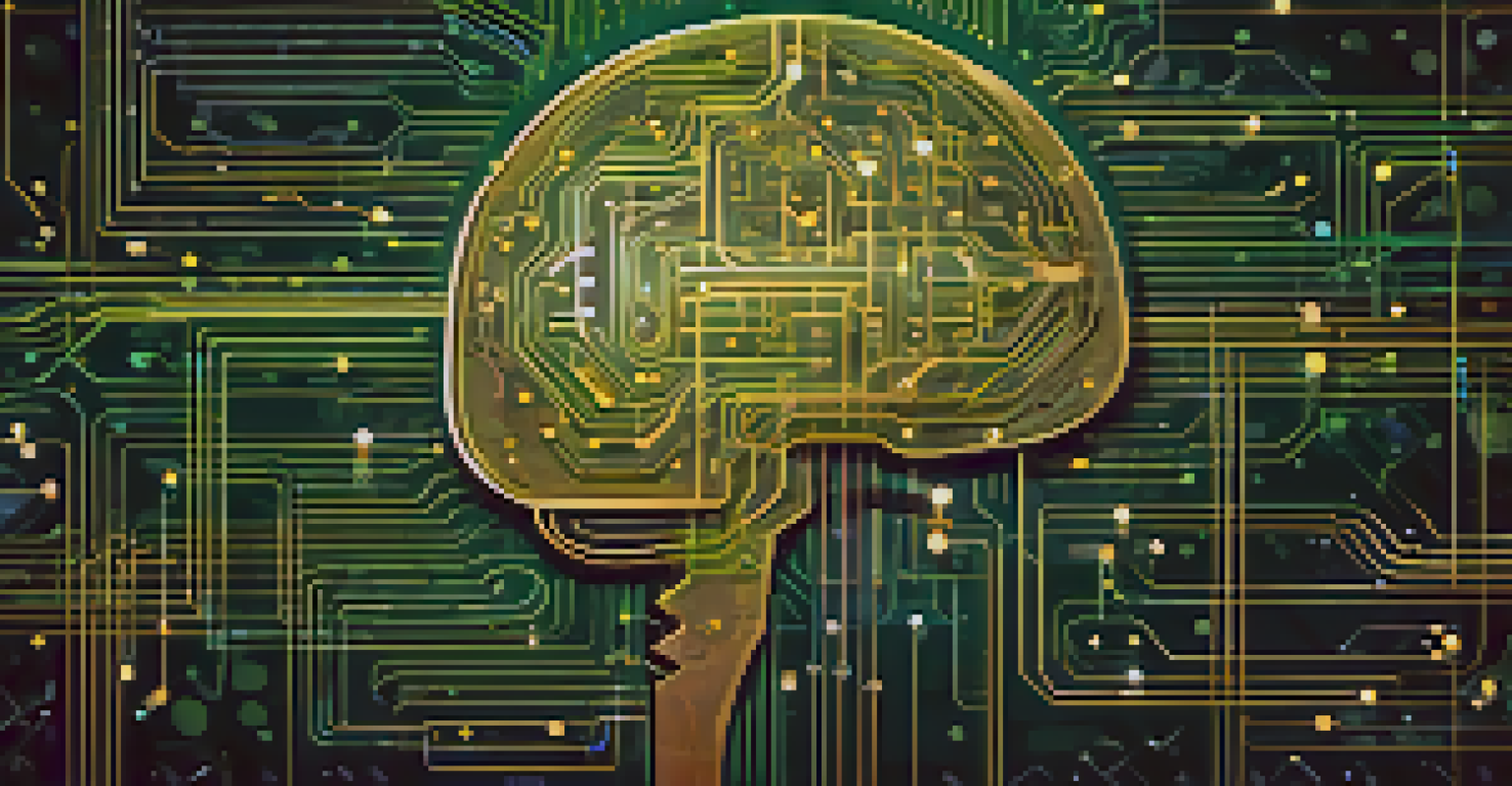 An abstract digital brain made of circuits and binary code, surrounded by currency icons and security shields, on a dark glowing background.