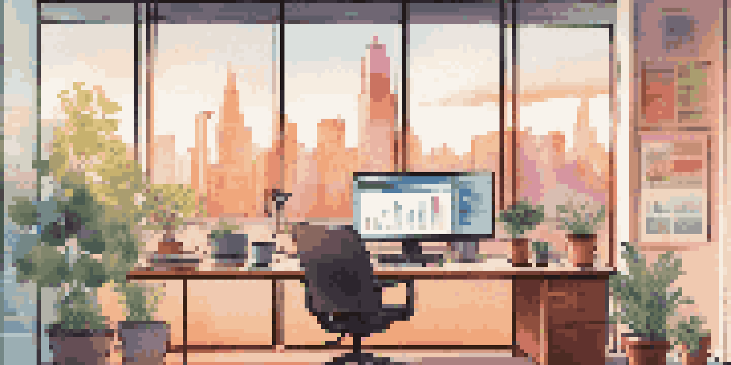 An office with a city view, featuring a desk with a laptop, coffee cup, and plants, and a wall screen displaying data privacy graphics.