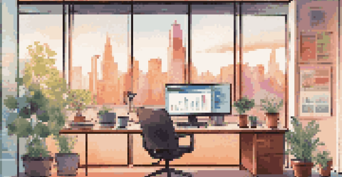 An office with a city view, featuring a desk with a laptop, coffee cup, and plants, and a wall screen displaying data privacy graphics.