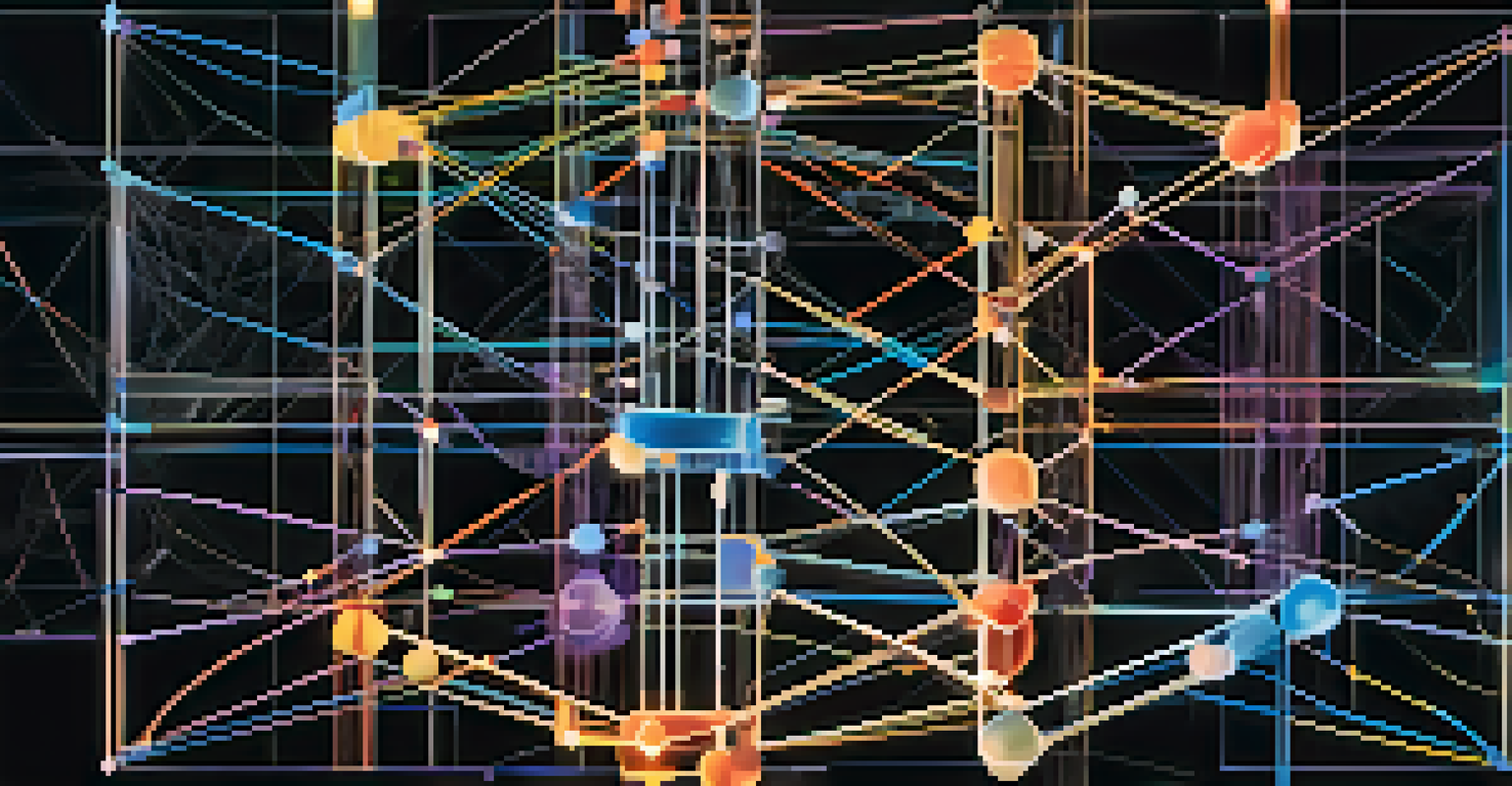 An abstract illustration of interconnected nodes symbolizing microservices in event-driven architecture, with colorful lights on a dark background.