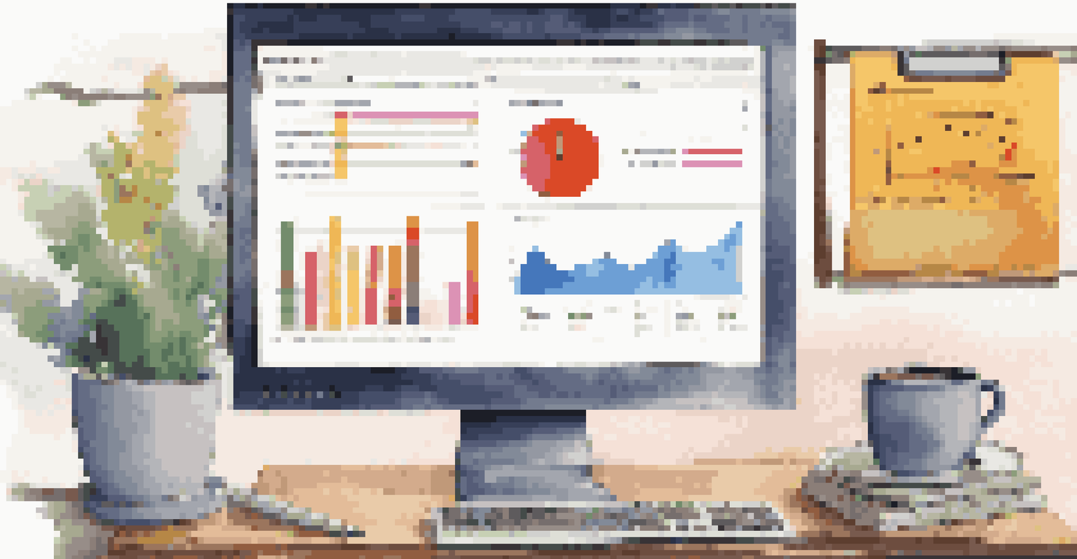A computer screen with a project management dashboard, featuring graphs and task lists, in a cozy work setting.