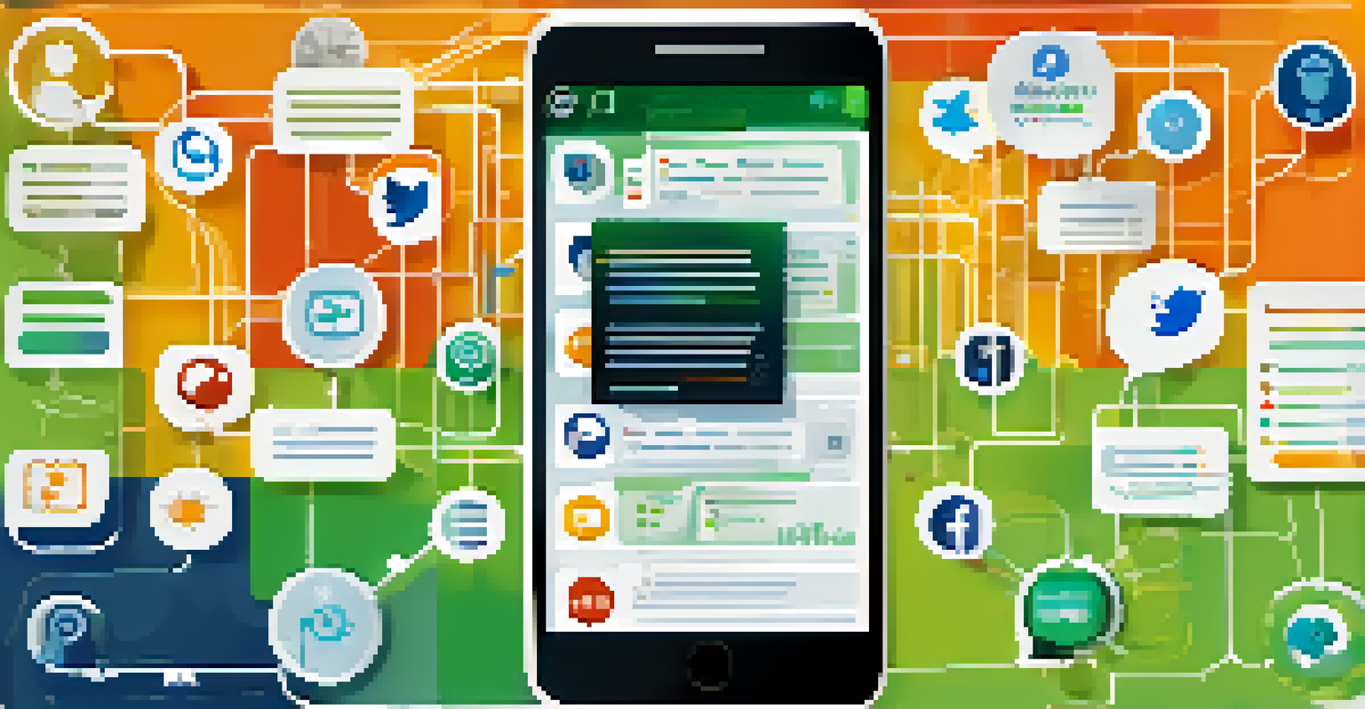 An infographic showing chatbot integration with social media platforms, featuring arrows and data analytics charts in bright colors.