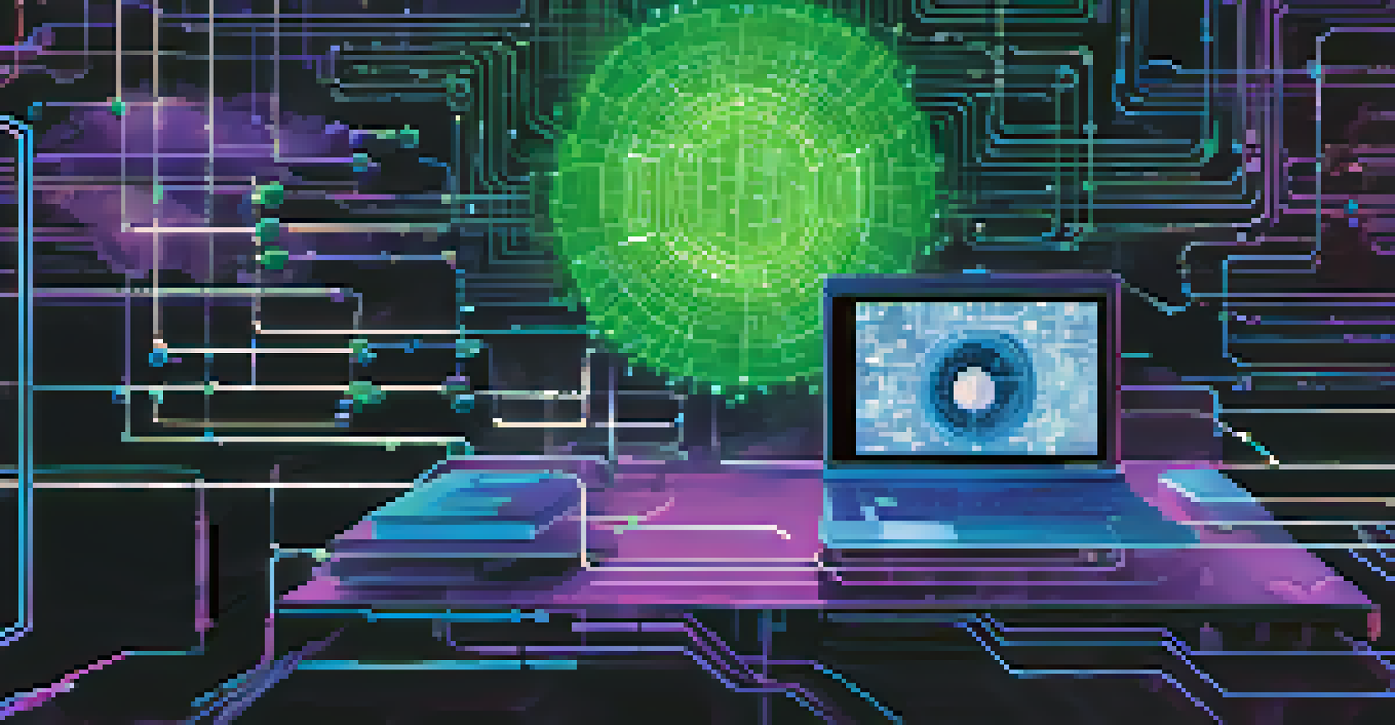 An abstract image representing virtual forensics, with a digital lock and a magnifying glass over a cloud network, surrounded by binary code.
