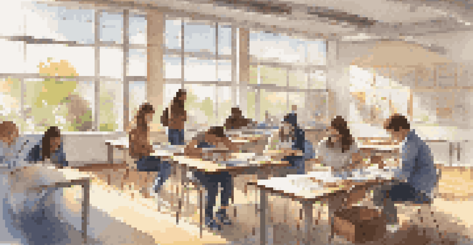 Students collaborating on a project in an open, sunlit space filled with educational resources.