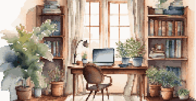 A warm home office scene with a laptop, coffee cup, and potted plant by a sunlit window.