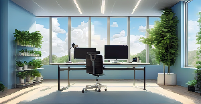 A modern office workspace with a laptop showing a cloud storage interface, surrounded by plants and natural light.