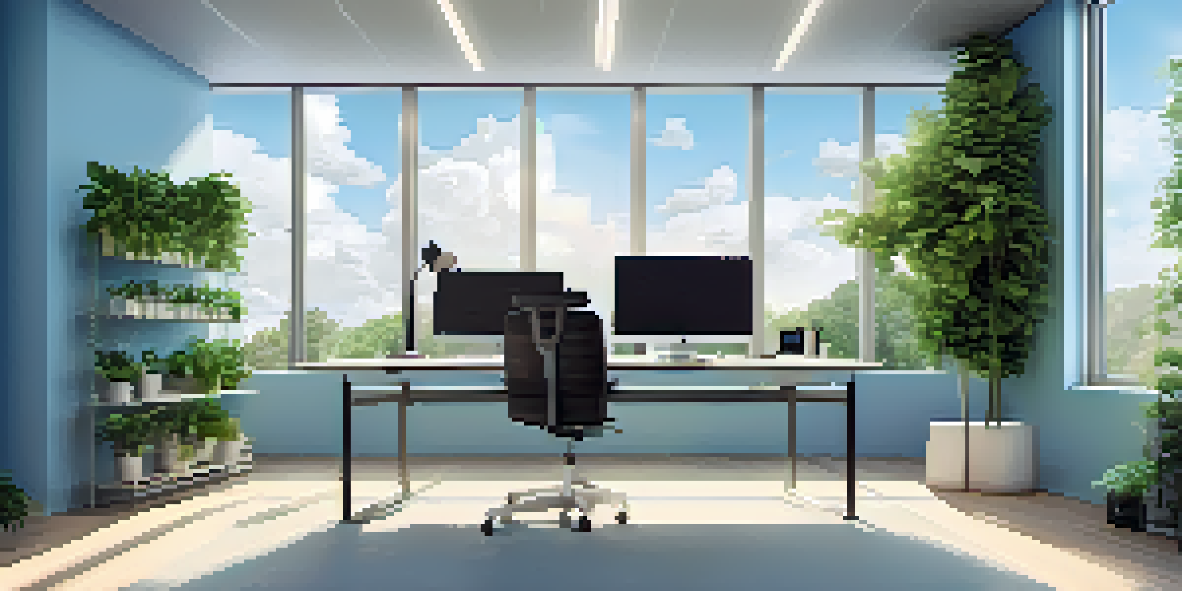 A modern office workspace with a laptop showing a cloud storage interface, surrounded by plants and natural light.