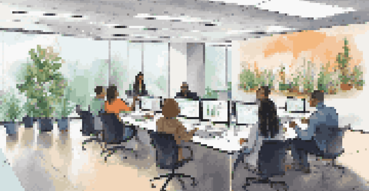 A diverse group of employees participating in a cybersecurity training session in a modern office environment, with a large screen displaying tips.