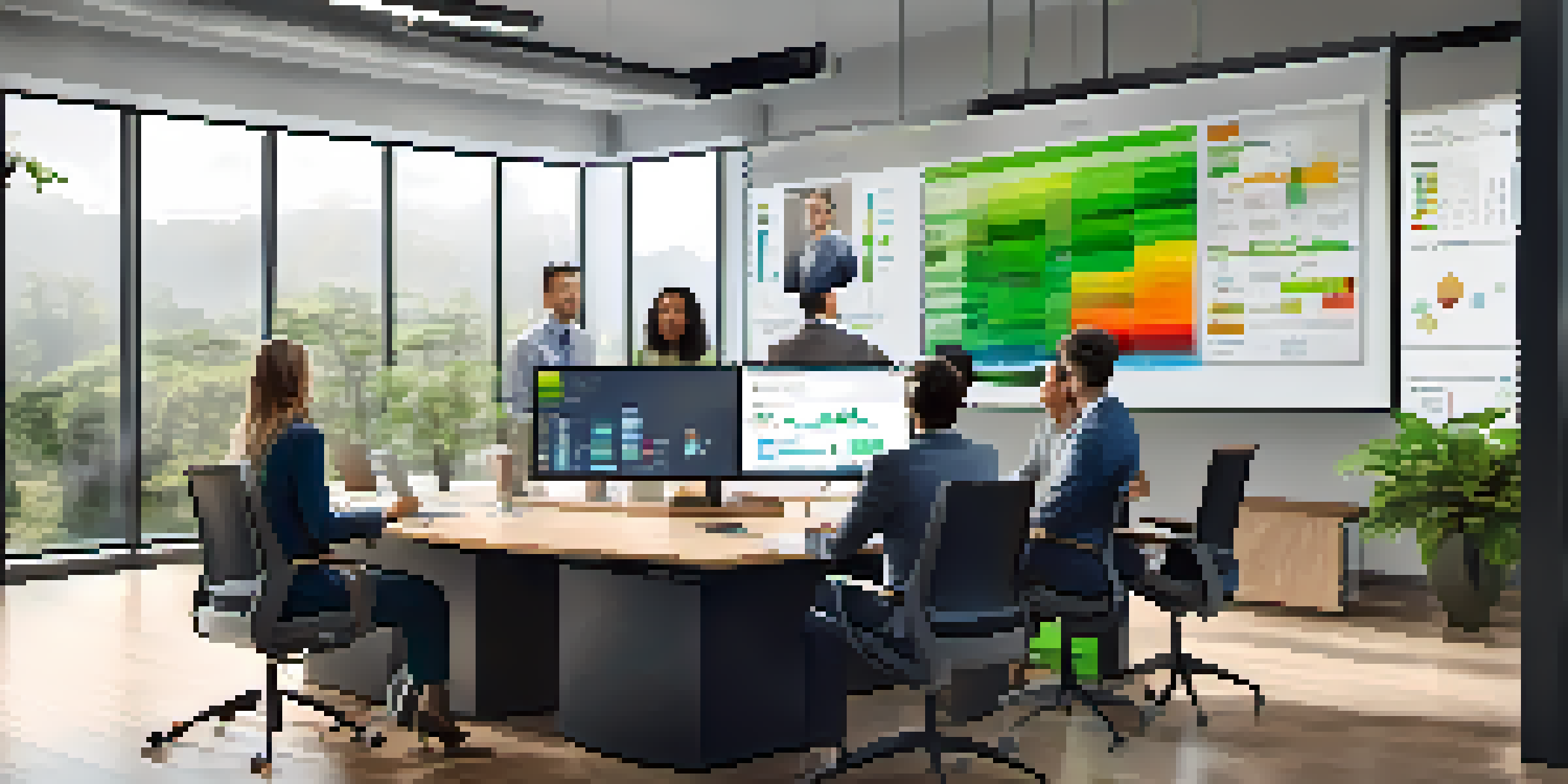 A group of diverse professionals in a well-lit office setting, engaged in a virtual meeting with analytics charts on a screen, reflecting teamwork and collaboration.