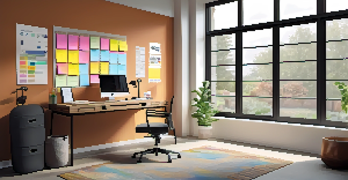 A bright and organized home office with a laptop displaying a collaboration tool, sticky notes, and motivational posters.