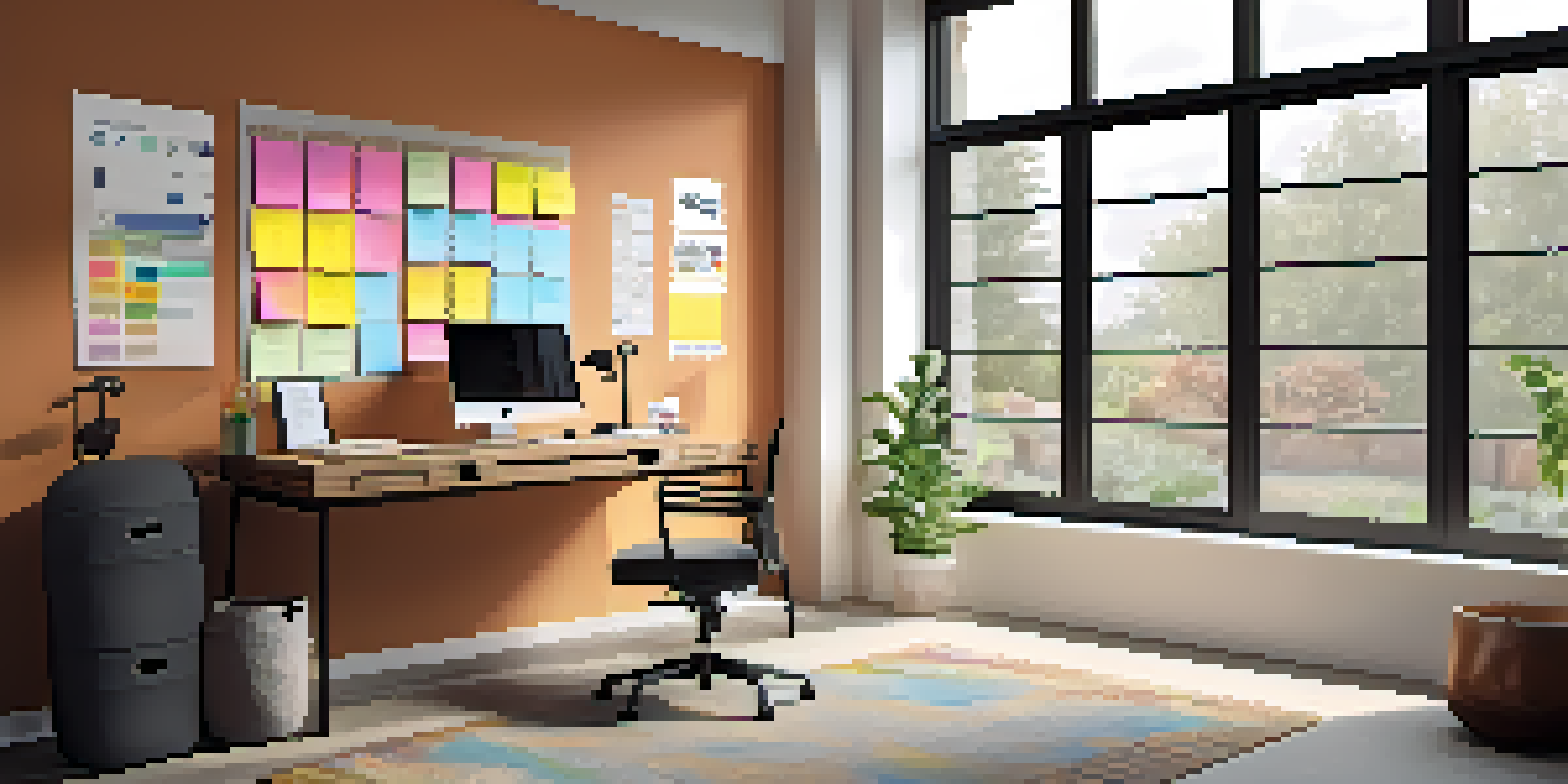 A bright and organized home office with a laptop displaying a collaboration tool, sticky notes, and motivational posters.