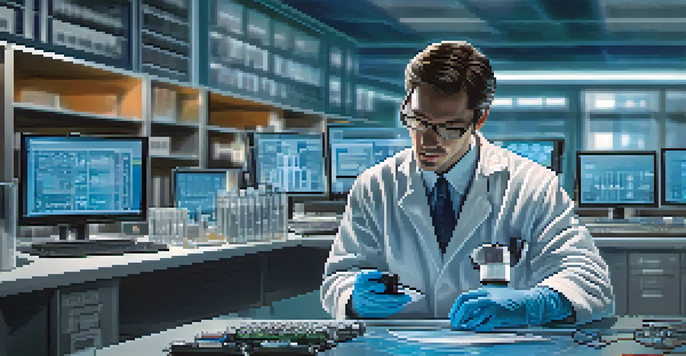A forensic technician working in a lab with a hard drive and imaging equipment, wearing gloves and a lab coat.