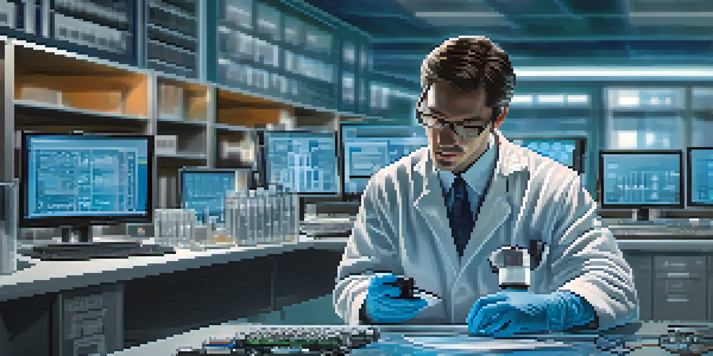 A forensic technician working in a lab with a hard drive and imaging equipment, wearing gloves and a lab coat.