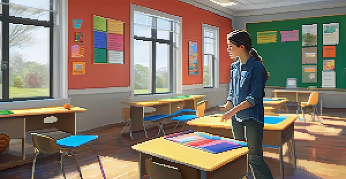 A virtual classroom designed for visually impaired students, with colorful elements and audio cues creating an interactive learning experience.