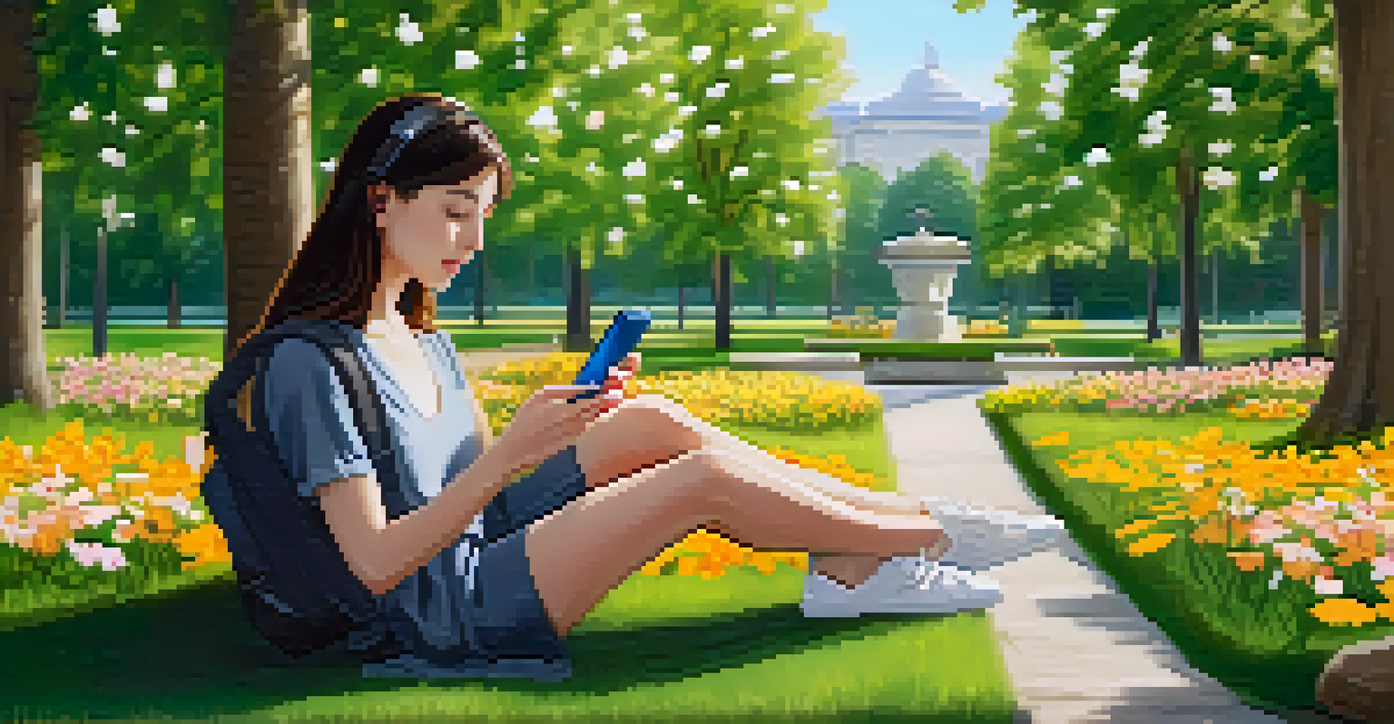 A language learner in a sunny park using a smartphone app to practice speaking, surrounded by nature and colorful flowers.