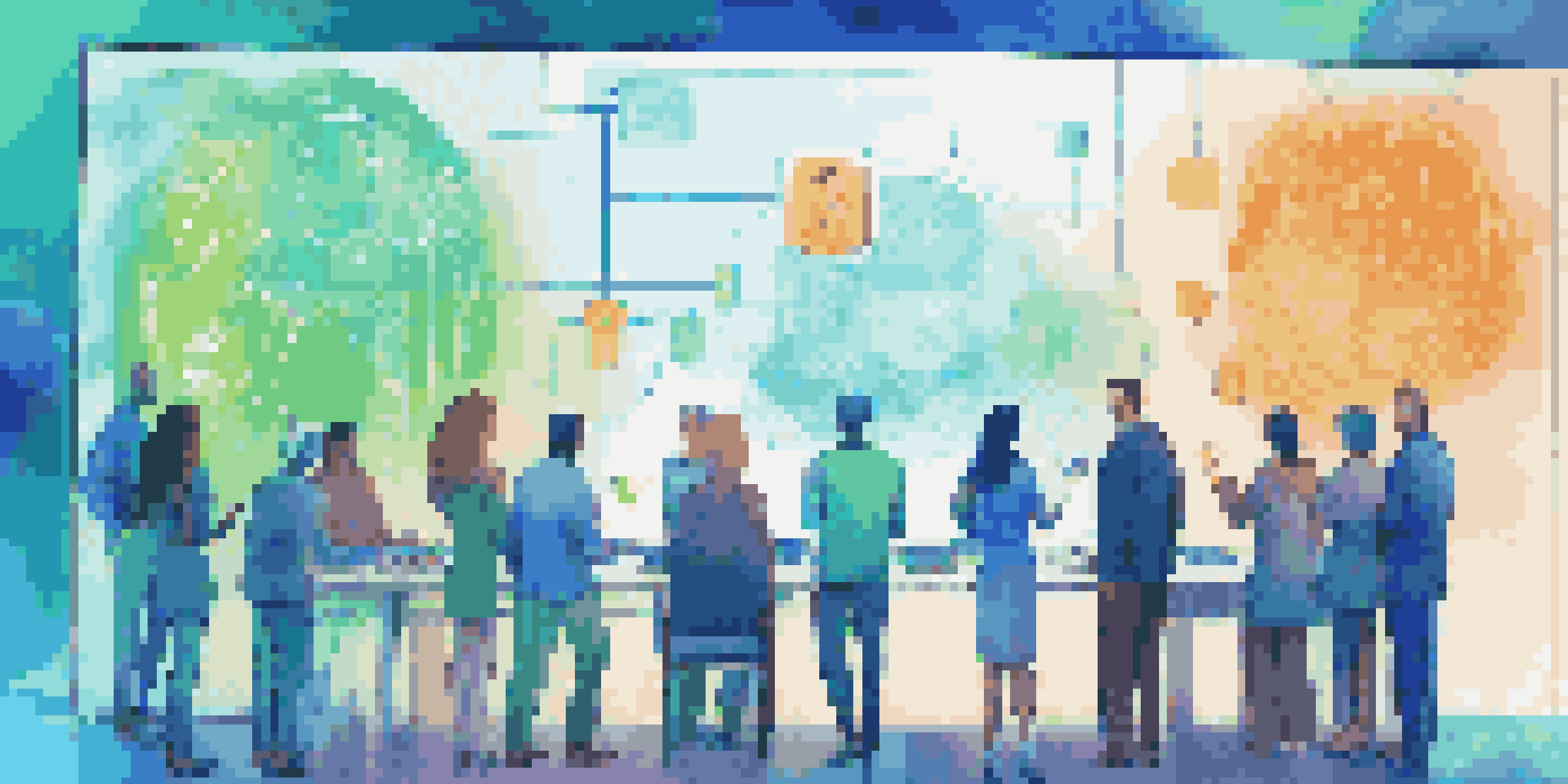 A diverse group of people discussing blockchain crowdfunding in a modern setting with a digital ledger displayed on a screen.