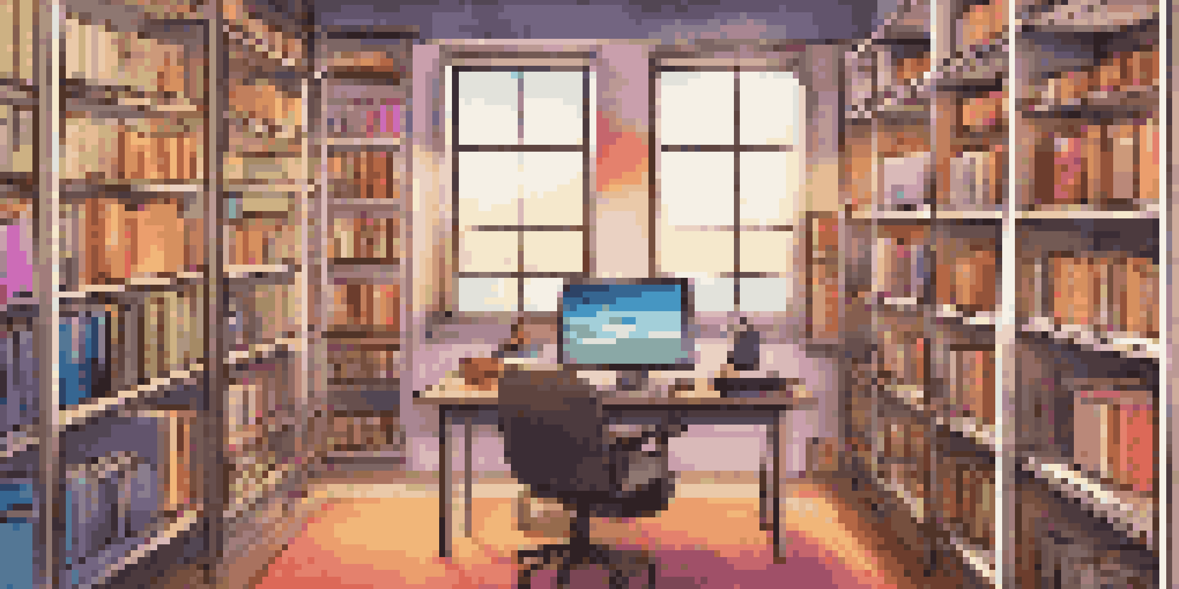 A modern workspace with a computer displaying a digital asset library, and shelves filled with colorful digital files and books, all bathed in warm lighting.