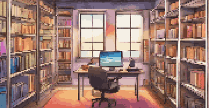 A modern workspace with a computer displaying a digital asset library, and shelves filled with colorful digital files and books, all bathed in warm lighting.