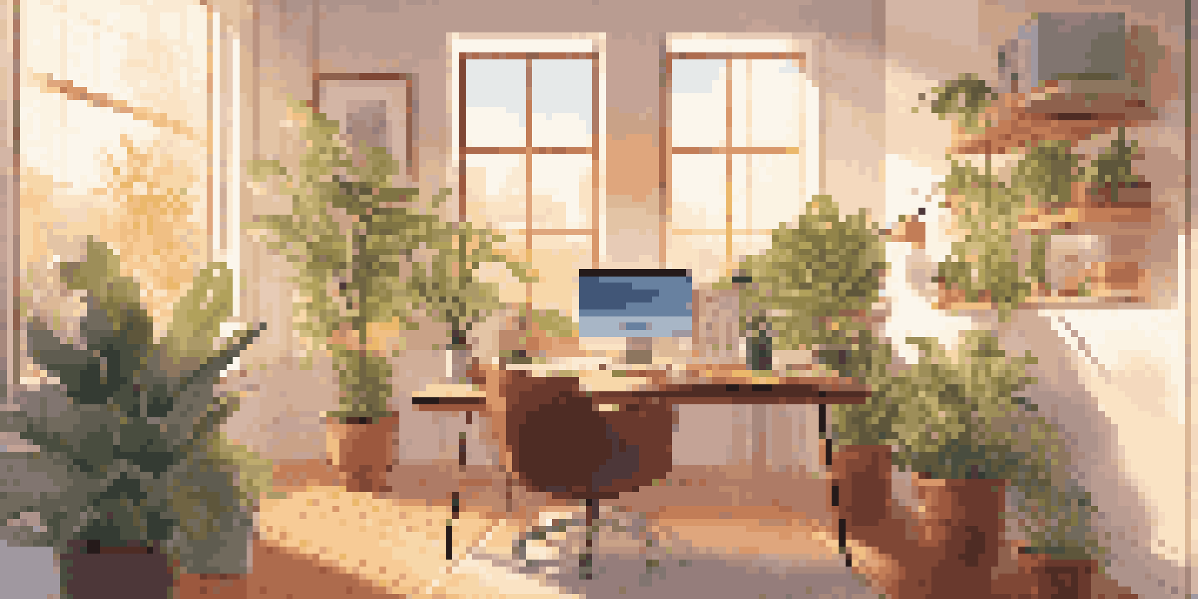 A bright and peaceful office space with natural light, plants, and a modern desk setup.