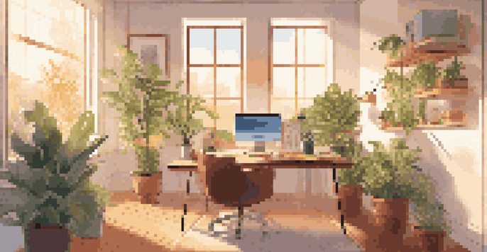 A bright and peaceful office space with natural light, plants, and a modern desk setup.