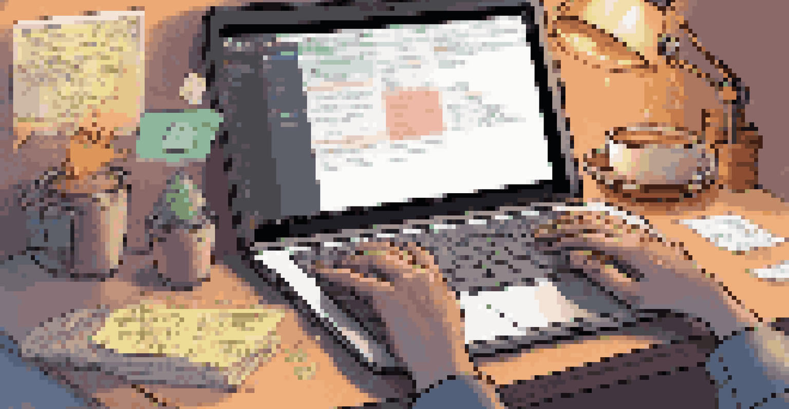 Close-up of hands typing on a laptop showing open source code, with a warm workspace ambiance and scattered post-it notes.