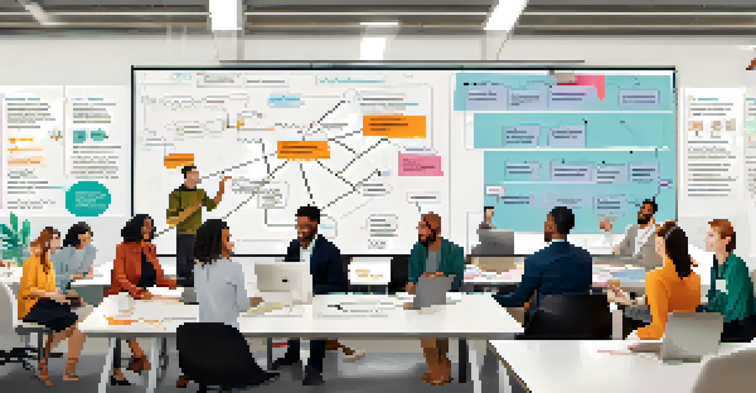A colorful workflow diagram on a whiteboard showcasing a blend of Agile and Waterfall methodologies in a creative office space.