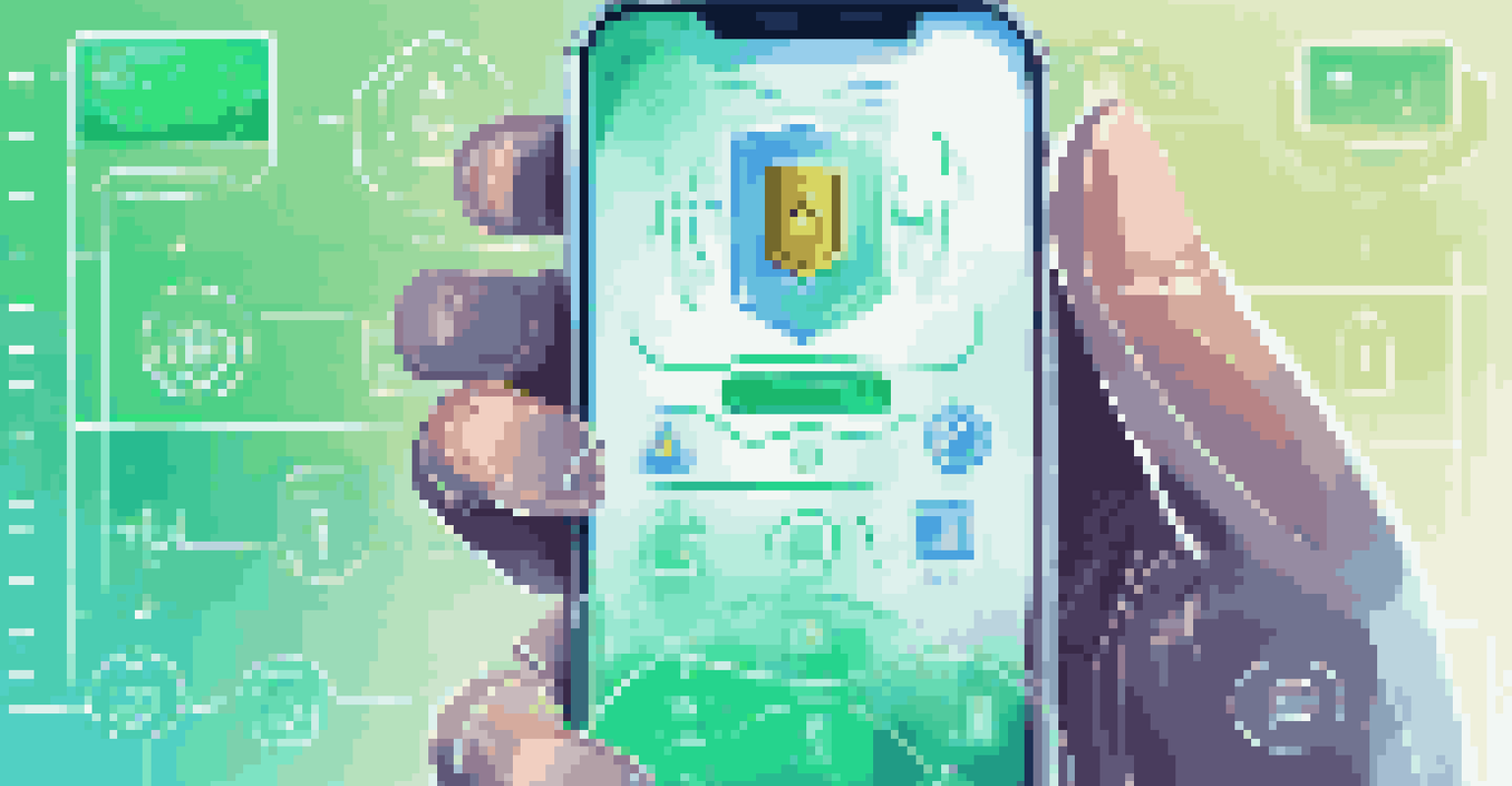 A smartphone showing a multi-factor authentication screen with icons for passwords and biometrics, in a green and blue background.