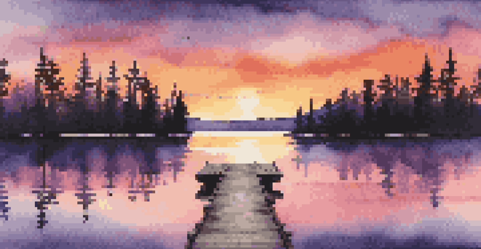 A sunset over a calm lake with silhouettes of pine trees and a wooden dock.