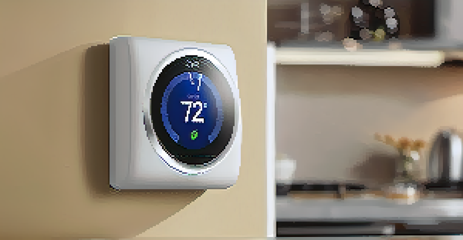 A close-up of a smart thermostat in a bright kitchen, showcasing its modern design.
