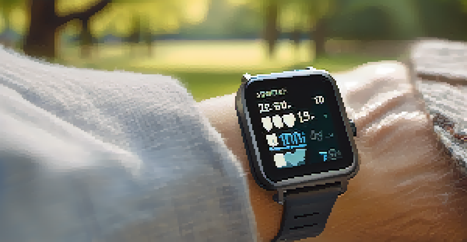 A close-up of a smartwatch on an elderly person's wrist, displaying health metrics in a sunny park.