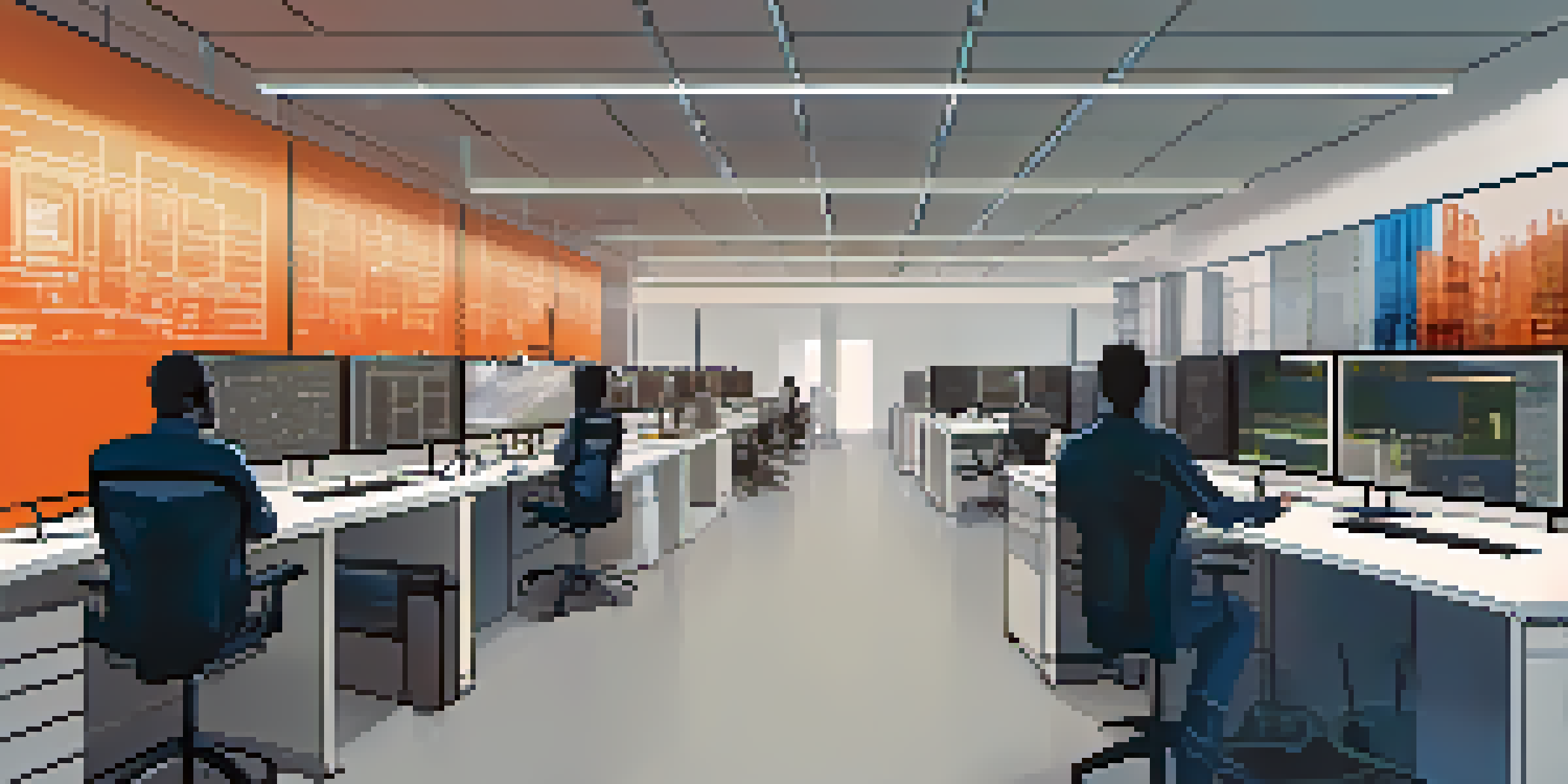An illustration showing a modern office with developers discussing containerization on the left and a traditional server room with technicians on the right.