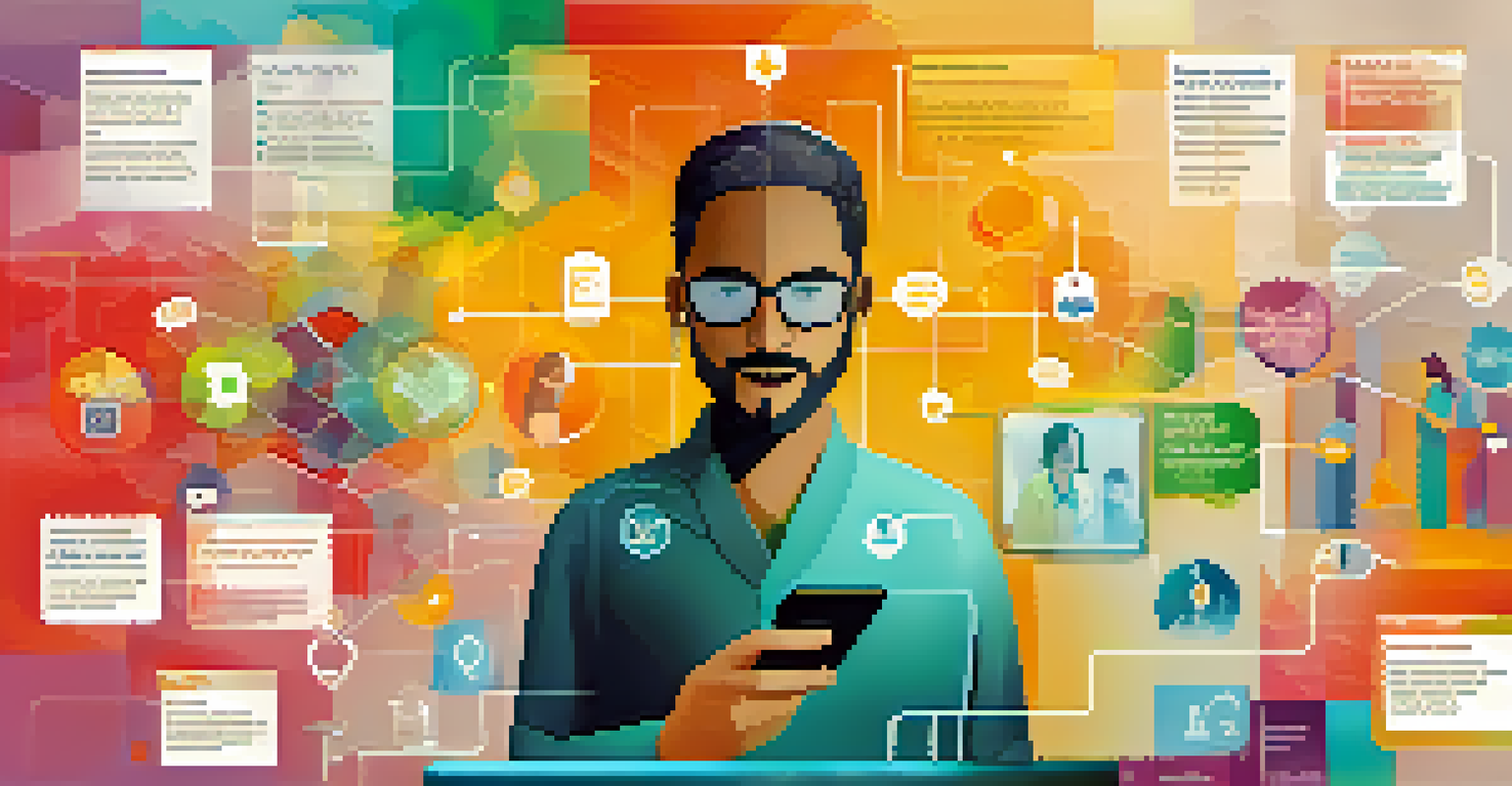 An infographic illustrating patient empowerment through blockchain technology with a patient using a secure app on their smartphone.