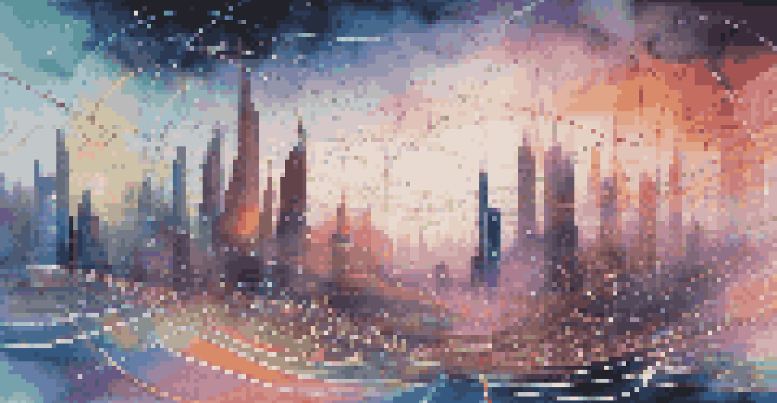 An abstract digital landscape depicting data flow with swirling lines and dots against a futuristic city background.
