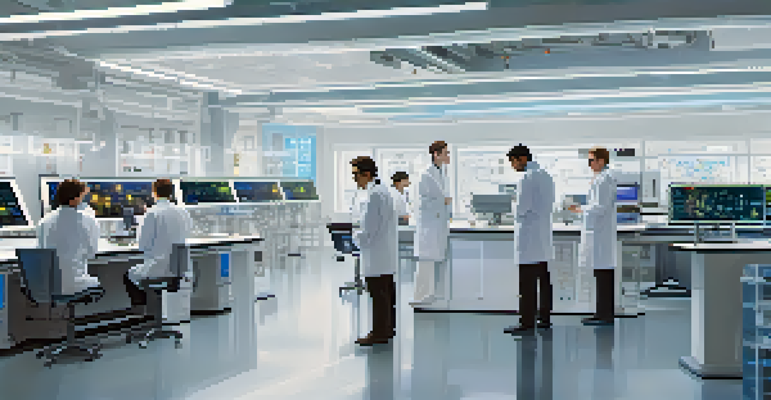 A futuristic laboratory with scientists working on quantum computing equipment and large screens.