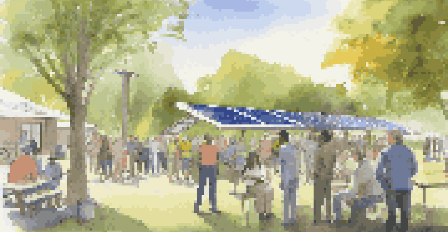 A diverse group of individuals engaged in a community solar project discussion in a sunny park with trees.