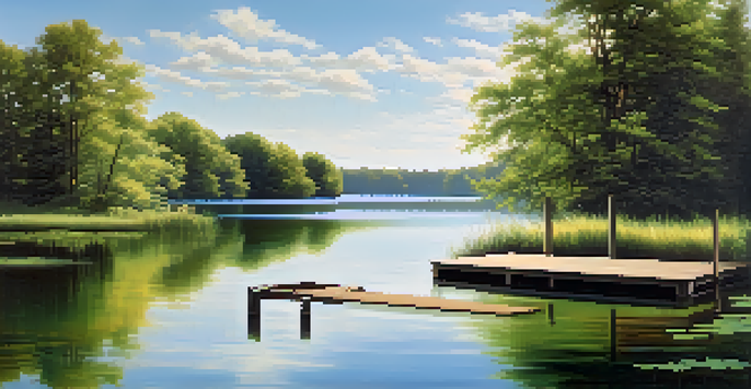 A peaceful lake surrounded by green trees with a wooden dock extending into the water under a clear blue sky.