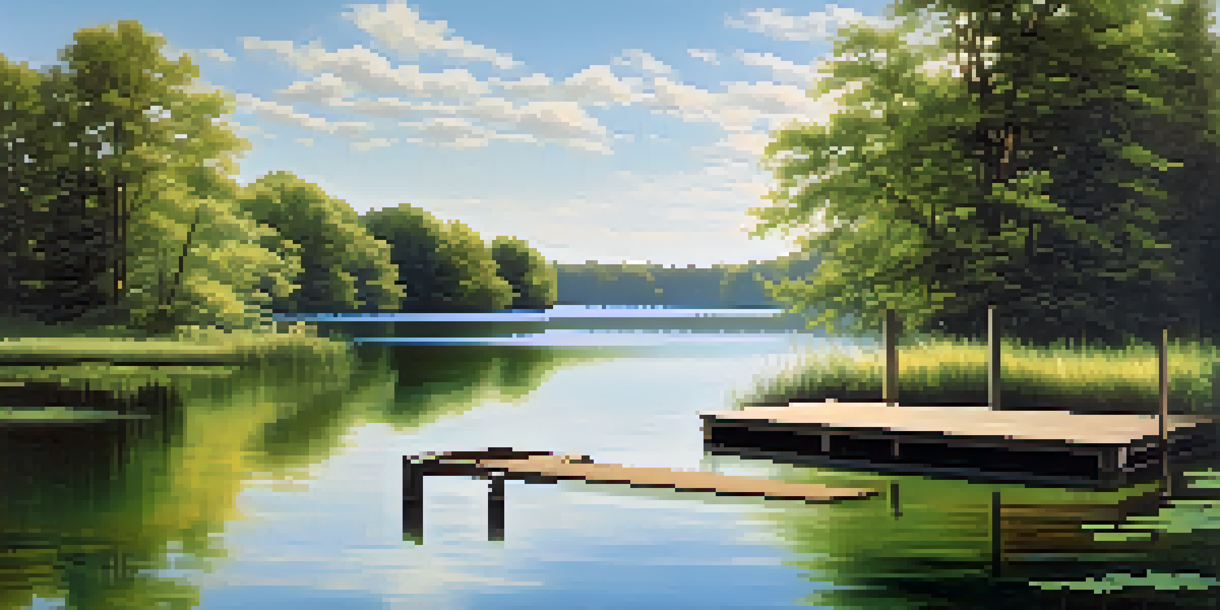 A peaceful lake surrounded by green trees with a wooden dock extending into the water under a clear blue sky.