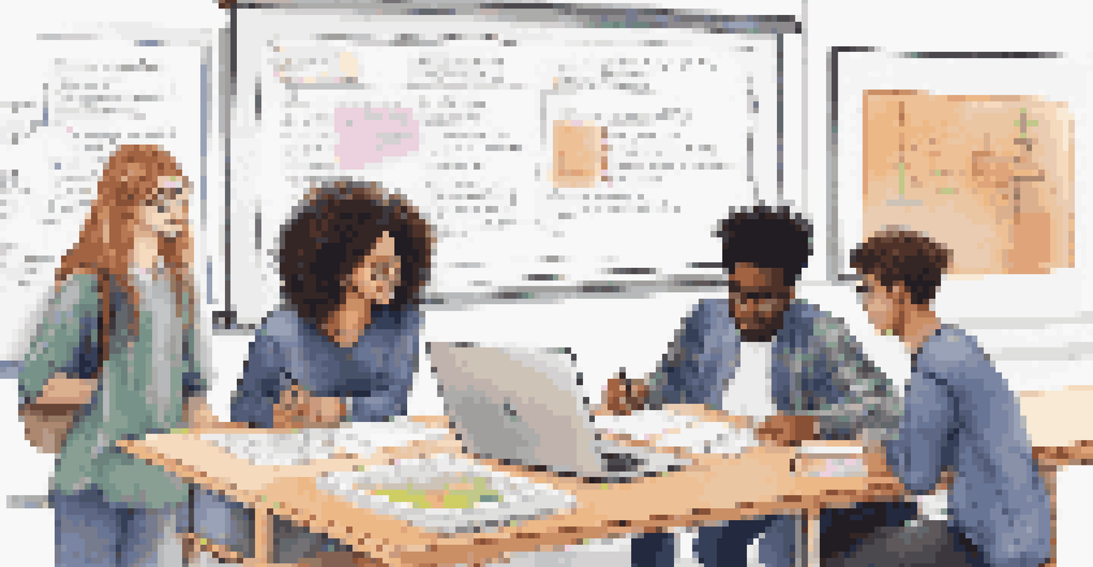 A group of diverse students working together on a project in a classroom with laptops and a whiteboard.