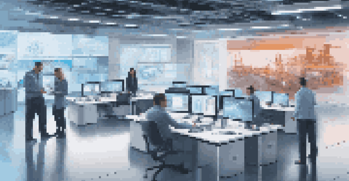 A modern office with a 3D holographic model of a manufacturing plant displayed in the center, surrounded by engaged employees and digital screens showing data.