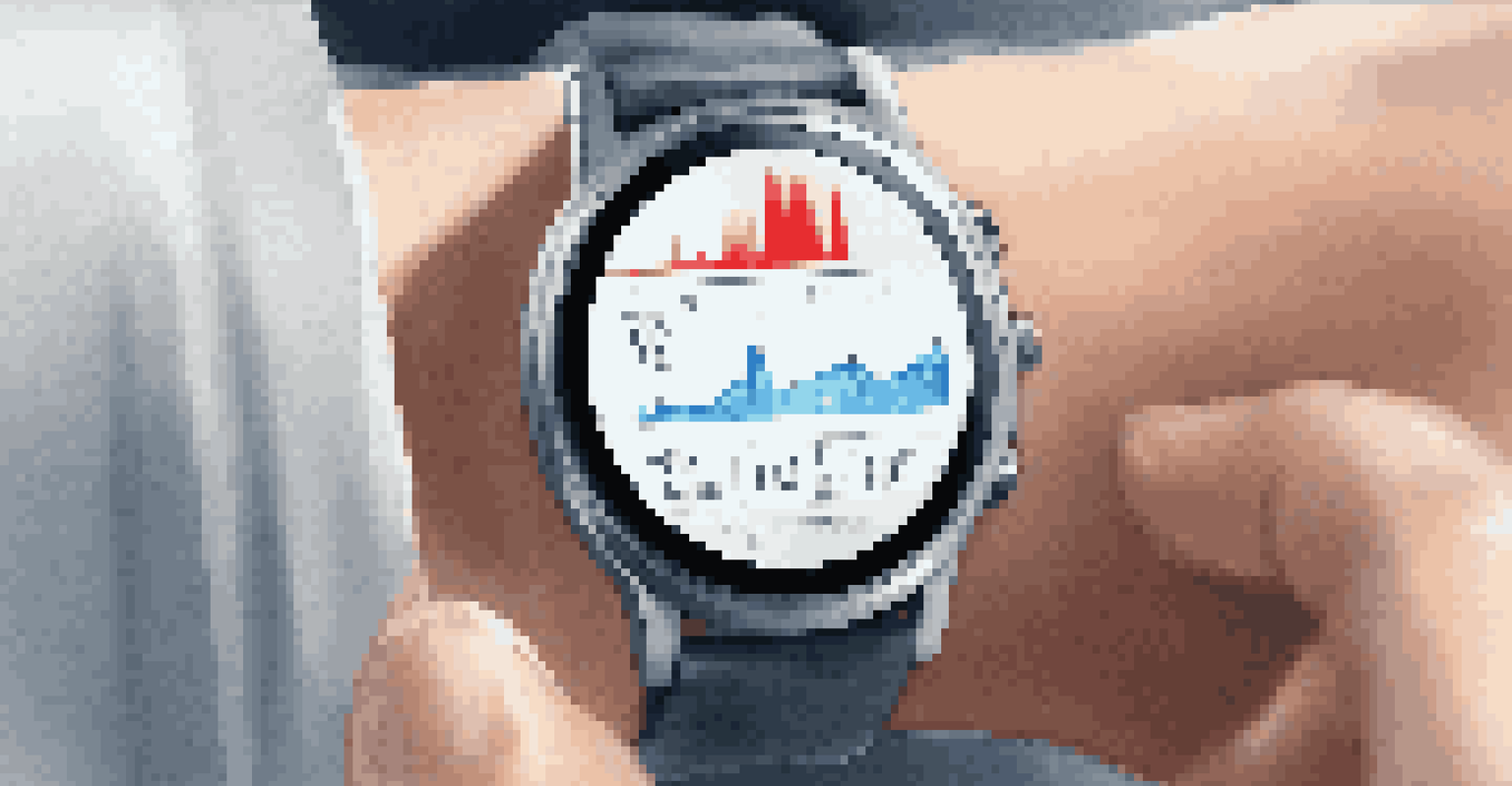 A close-up of a wearable health monitor on a wrist, showing vital signs on its vibrant display against a blurred background.