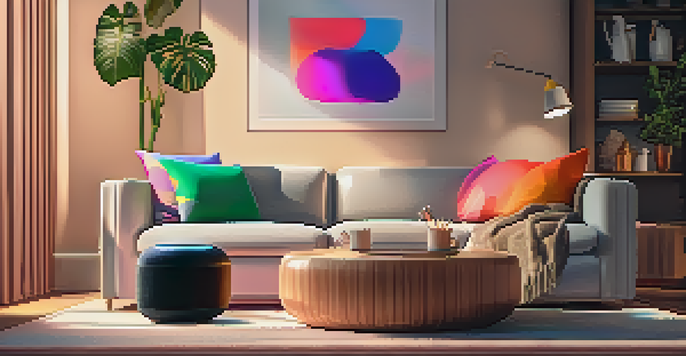 A modern living room with a smart speaker on a coffee table, warm lighting, and a cozy sofa.