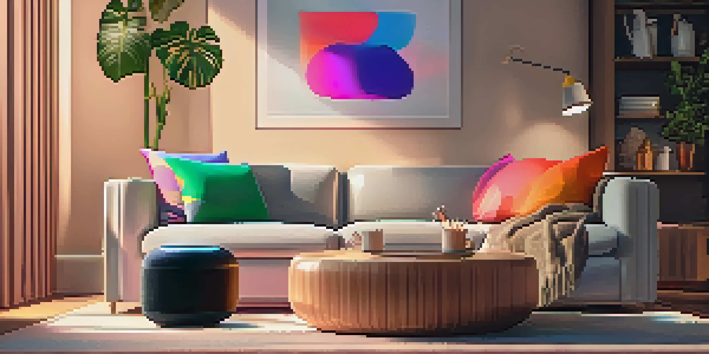 A modern living room with a smart speaker on a coffee table, warm lighting, and a cozy sofa.