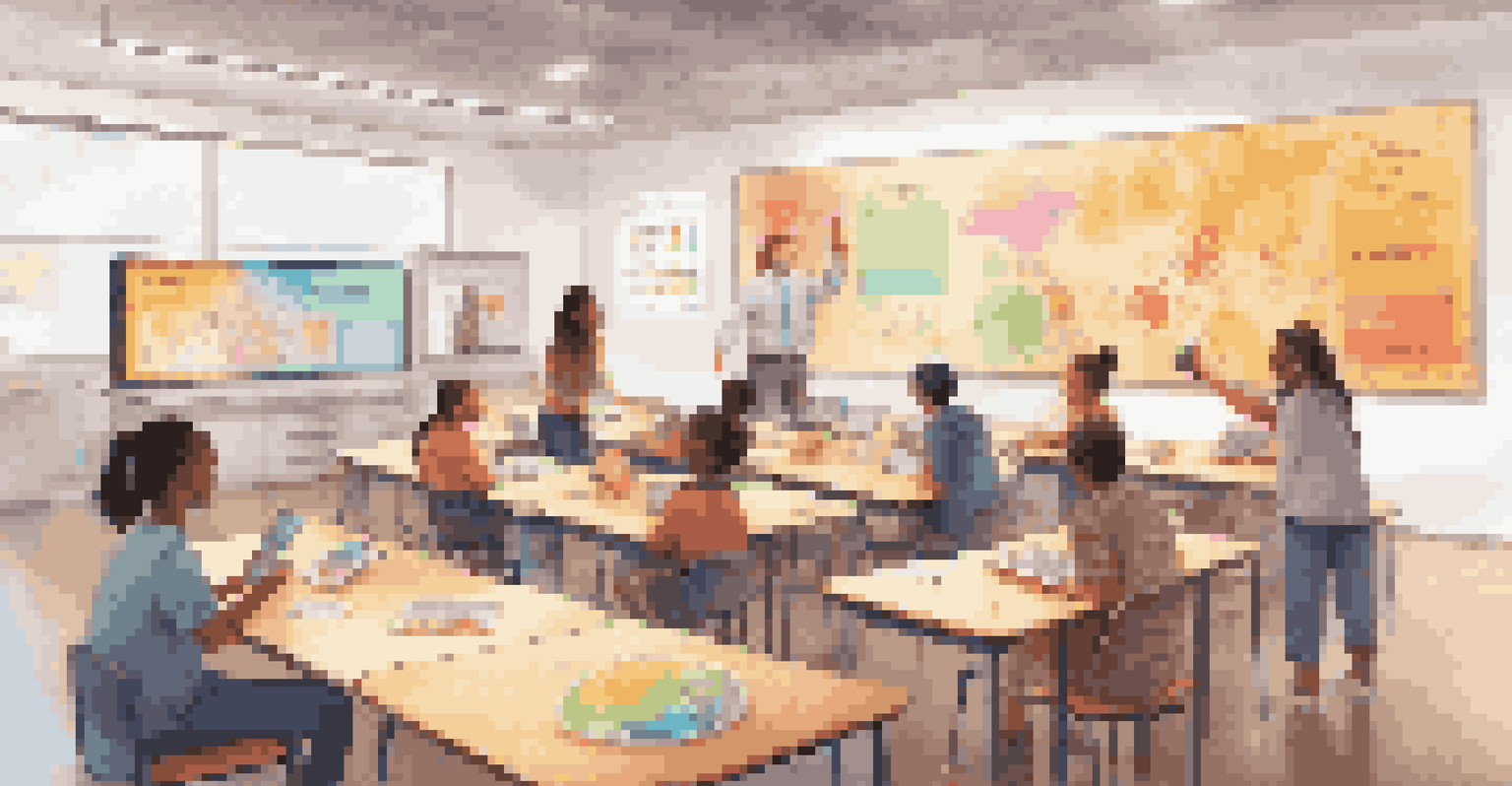 A diverse classroom with students using tablets and engaging with AI tools, surrounded by informative posters about digital literacy.