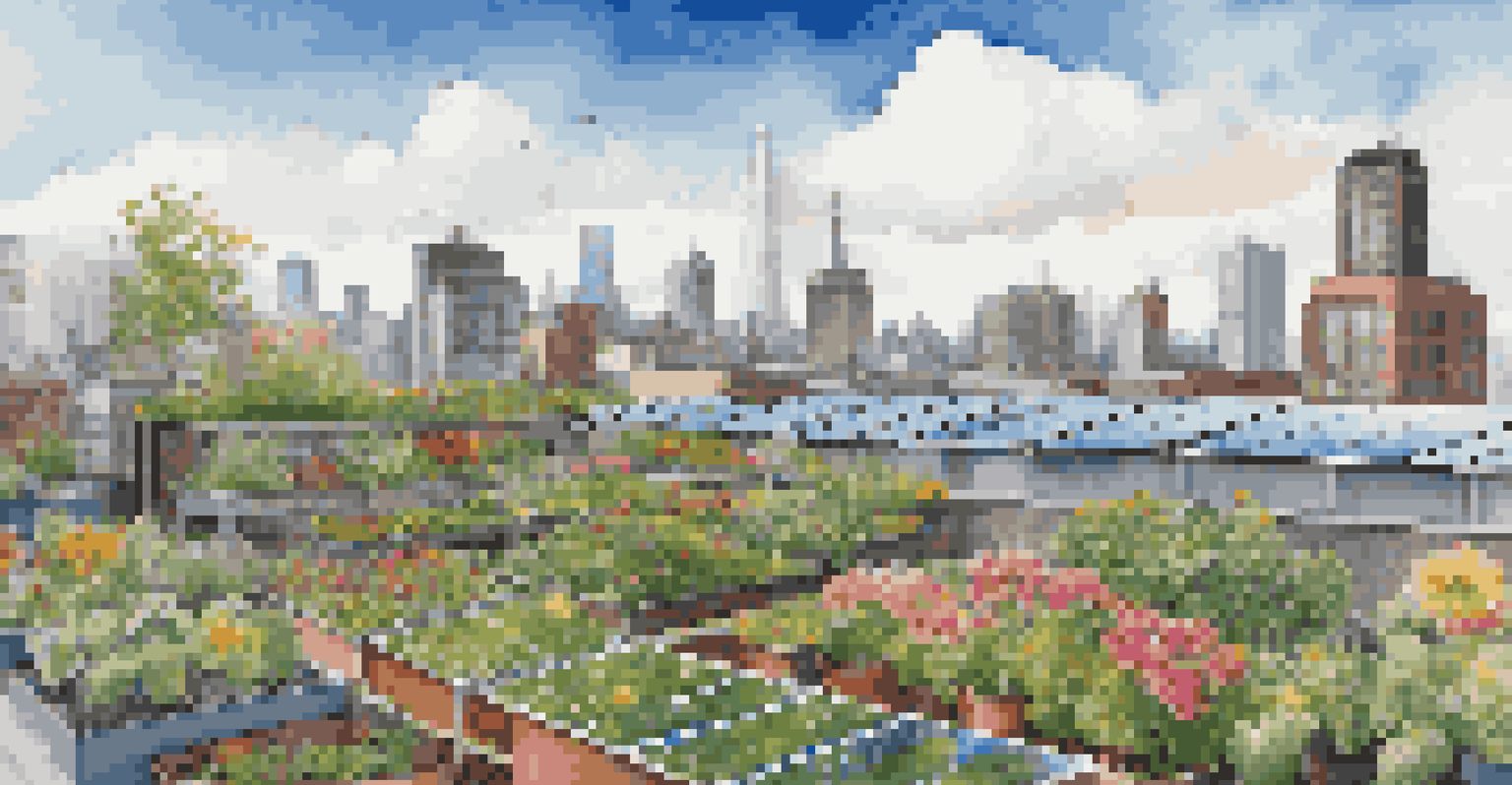A rooftop garden with solar panels, colorful flowers, and vegetables, set against a city skyline under a sunny sky.