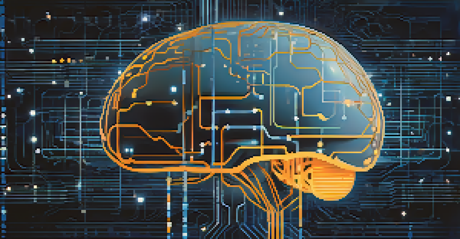 An abstract digital brain made of binary code and data points against a glowing blue background, symbolizing AI and Big Data.