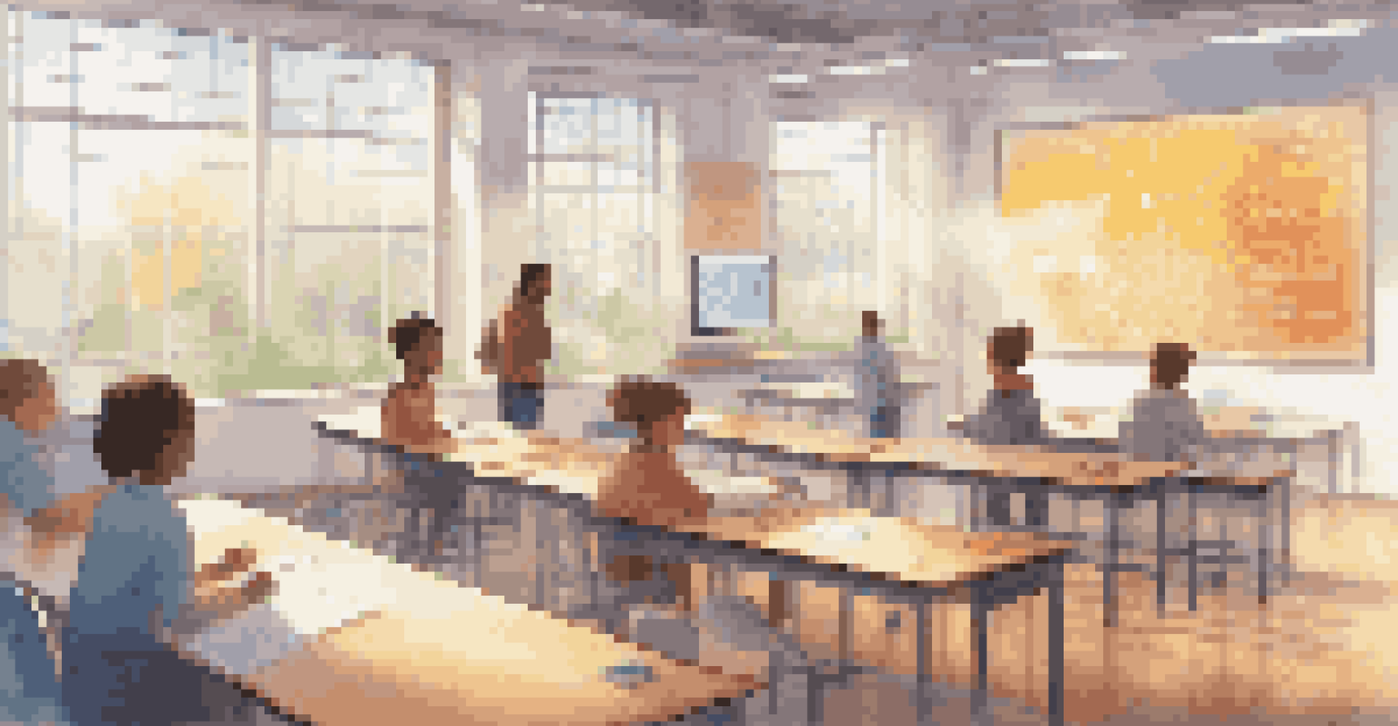 A classroom with students learning about quantum computing, featuring posters and a digital screen explaining superposition, illuminated by sunlight.
