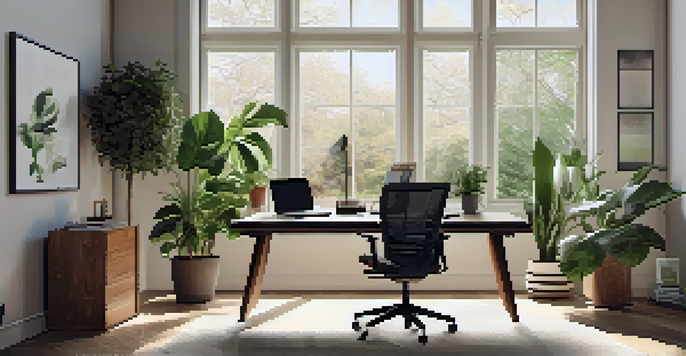 A bright and modern home office with a laptop, ergonomic chair, and indoor plants, showcasing a comfortable remote work environment.
