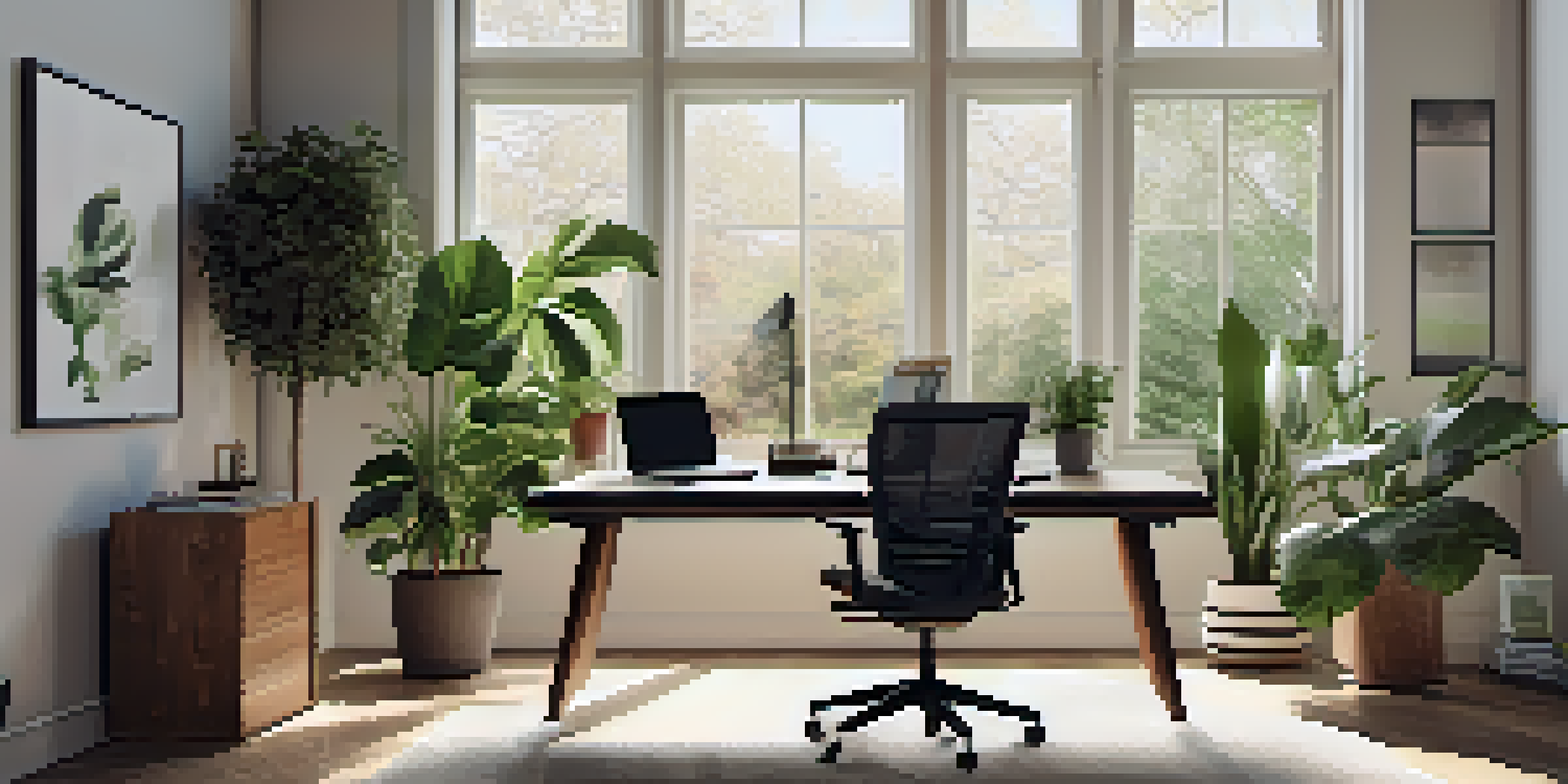 A bright and modern home office with a laptop, ergonomic chair, and indoor plants, showcasing a comfortable remote work environment.